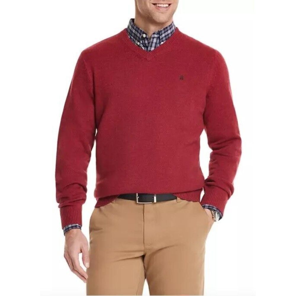 Izod Men's Red Pullover V Neck Sweater 100% Cotton 2XL XXL